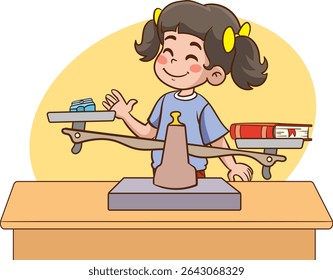little children uses scales to measure the weight of different objects