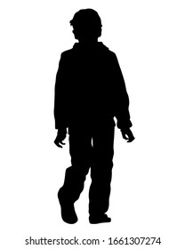 Little children in warm clothes are walking on street. Isolated silhouettes on white background