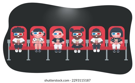 Little children watch movie in a cinema. Boys and girls with popcorn sit in red chairs. Vector illustration