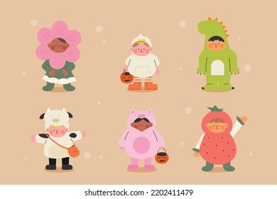 Little children wearing cute Halloween costumes and holding candy baskets. flat design style vector illustration.