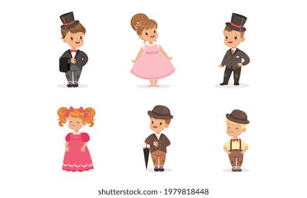 Little Children Wearing Elegant Attire and Outfit Vector Set