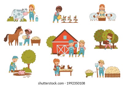 Little Children Working on the Farm Feeding Livestock, Harvesting and Gardening Vector Set