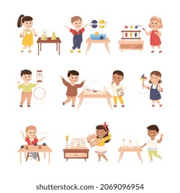 Little Children Working on Physics Science Experiment Vector Set