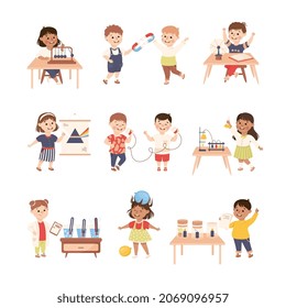 Little Children Working on Physics Science Experiment Vector Set