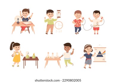 Little Children Working on Physics Science Experiment Vector Set