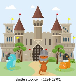 Little childrens dragons play in front of medieval knights castles vector flat illustration. Multicolored cute funny kids dinosaurs dragons funny fairytale animals. One dragon in knights helmet.