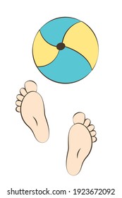 Little children's legs dig an inflatable ball. The kid is playing outside. Cute cozy poster for baby and children's room. Gift card for baby shower. Simple minimalistic illustration on a white.
