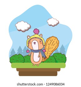 little chipmunk with hat and scarf in the field