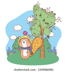 little chipmunk with hat and scarf in the field