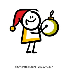 Pequeños elfos de navidad con sombrero rojo de tope sostienen una gran bola de juguete en las manos y sonríen. Ilustración vectorial del enano con regalo.