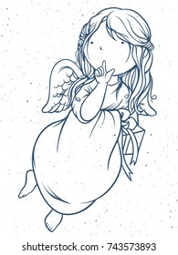 Little Christmas Angel with Gift, Character Design, Line Work, Vector Illustration