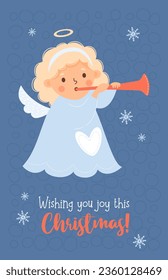 Little Christmas angel girl with trumpet and holiday greeting. Vector vertical illustration in cartoon style. Cute Xmas kids collection, new year postcard, holiday design, decor.