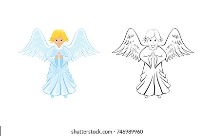 Little Christmas Angel isolated on white background. Page for coloring book, illustration.