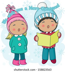 Little Christmas carolers singing outside. Nice cartoon illustration with greetings