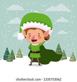 little christmas elf character in snowscape