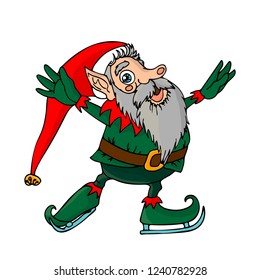 little christmas elf with gray beard is skating, isolated on white background