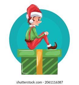 little christmas elf sitting on a cute gift box