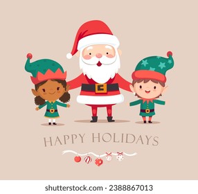 Little Christmas elves and Santa Claus together. Multicultural Little Santa's helpers and Santa Claus Set. Cartoon flat vector illustration.