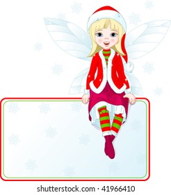 Little Christmas fairy sitting on place card. All objects are separate groups