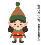 Little Christmas female elf isolated on white background. Cute flat style, vector illustration