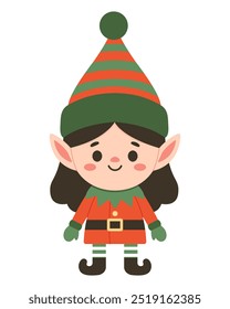 Little Christmas female elf isolated on white background. Cute flat style, vector illustration