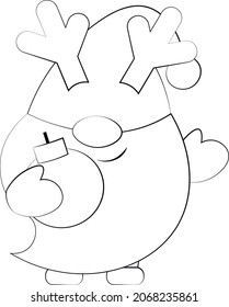 Little christmas Gnome in reindeer horn. Draw illustration in black and white