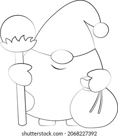 Little christmas Gnome Santa with sack. Draw illustration in black and white