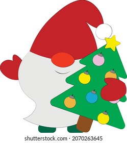 Little christmas Gnome with christmas tree. Draw illustration in color