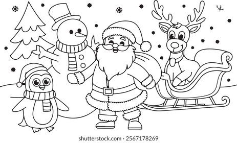 little christmas house in a winter landscape, falling snow, candy and a cute snowman and santa claus welcoming. detailed coloring page for kids.