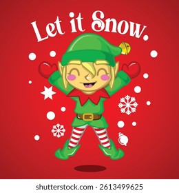 Little Christmas male elf isolated on red background. Cute chibi style, vector illustration