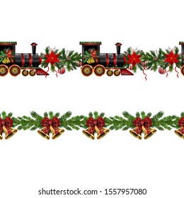 Little Christmas train seamless pattern decorated red ribbon Vector