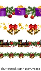 Little Christmas train seamless pattern decorated red ribbon Vector