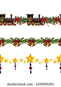 Little Christmas train seamless pattern decorated red ribbon Vector
