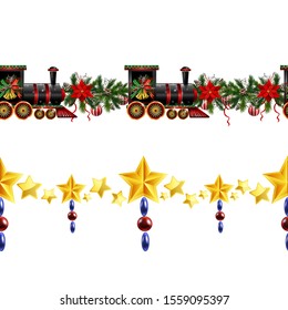 Little Christmas train seamless pattern decorated red ribbon Vector