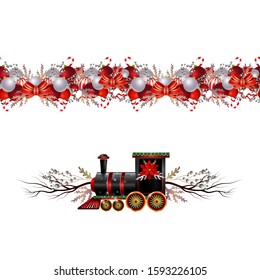 Little Christmas train seamless pattern decorated red ribbon Vector