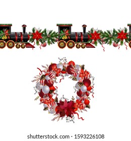Little Christmas train seamless pattern decorated red ribbon Vector