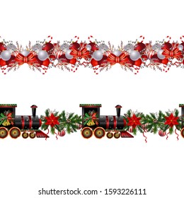 Little Christmas train seamless pattern decorated red ribbon Vector