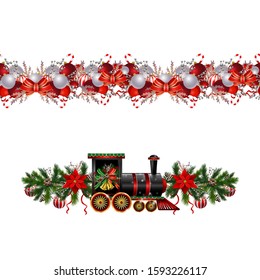 Little Christmas train seamless pattern decorated red ribbon Vector