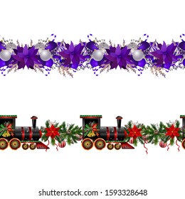 Little Christmas train seamless pattern decorated red ribbon Vector