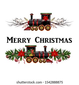 Little Christmas train with wagons decorated red ribbon Vector