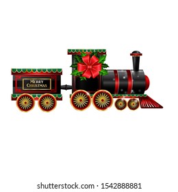 Little Christmas train with wagons decorated red ribbon Vector