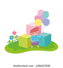 little chubby boy with balloons helium in the landscape