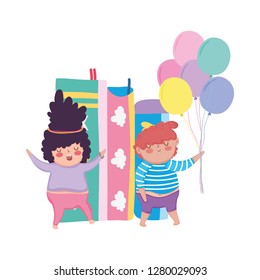 little chubby couple with balloons helium and books