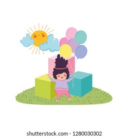 Little chubby girl with balloons air and blocks