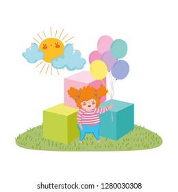 Little chubby girl with balloons air and blocks