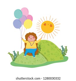 Little chubby girl with balloons air in the landscape