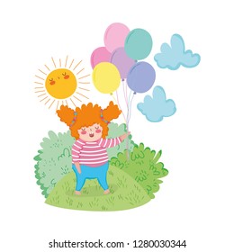 Little chubby girl with balloons air in the landscape