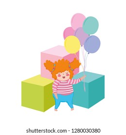 Little chubby girl with balloons air and blocks