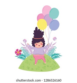 Little chubby girl with balloons air in the landscape