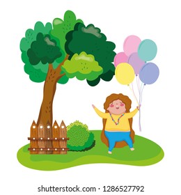Little chubby girl with balloons air in the landscape